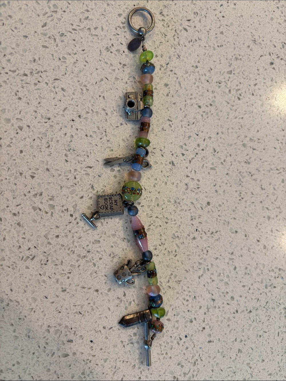 Multicolor Scrapbook Beaded Charm Bracelet - Silver base with Green, blue & Pink